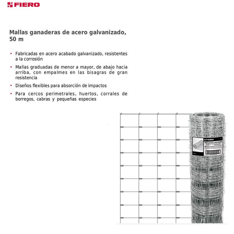 Malla Ganadera de Acero Galvanizado, 1.40 X 50 m Cercos Perimetrales, Huertos, Corrales MAGA-50X14 FIERO 