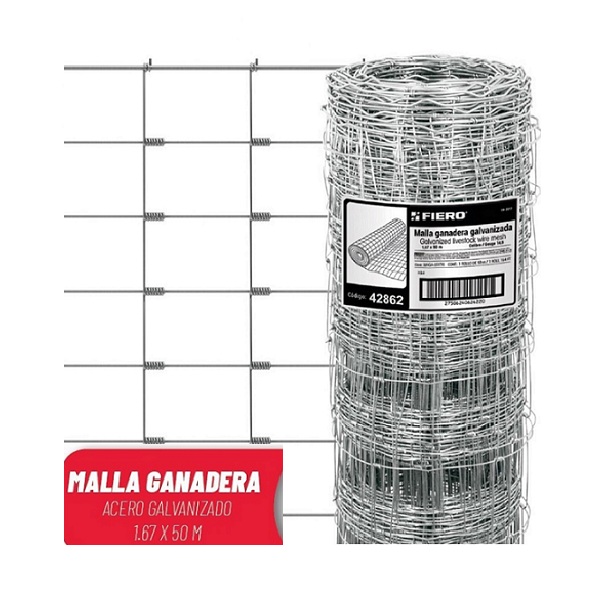 Malla Ganadera de Acero Galvanizado, 1.67 X 50 m Graduada Cercos Perimetrales, Huertos, Corrales MAGA-50X 16 FIERO