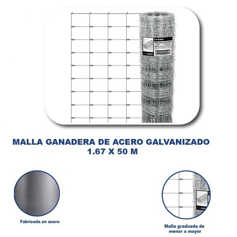 Malla Ganadera de Acero Galvanizado, 1.67 X 50 m Graduada Cercos Perimetrales, Huertos, Corrales MAGA-50X 16 FIERO