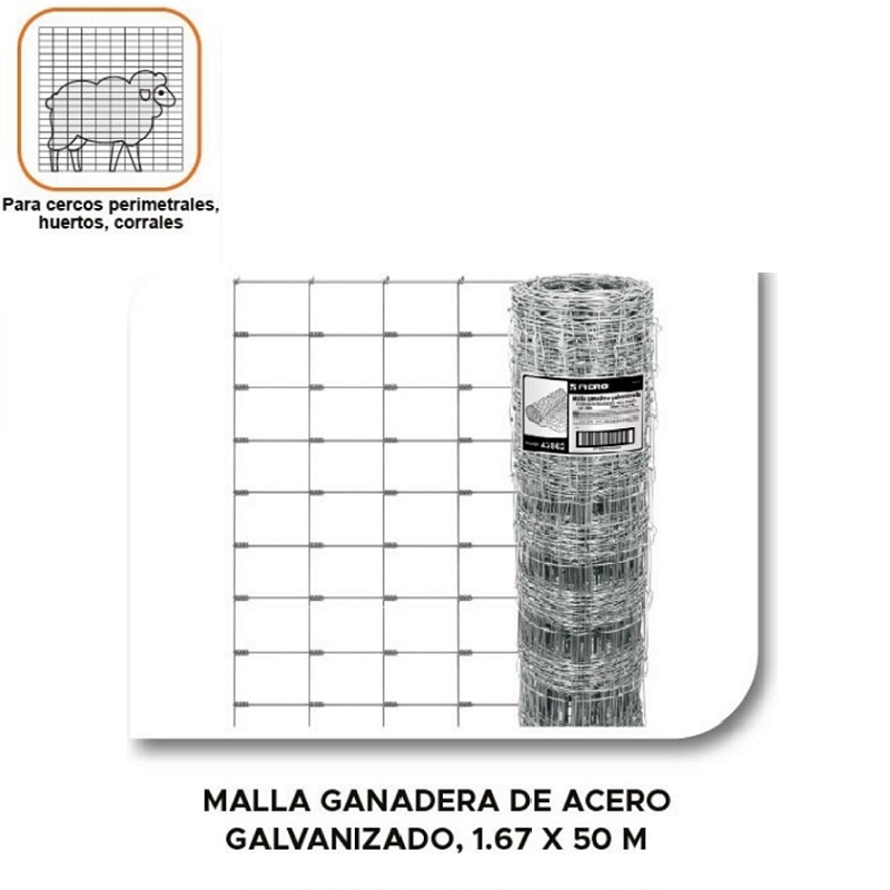 Malla Ganadera de Acero Galvanizado, 1.67 X 50 m Graduada Cercos Perimetrales, Huertos, Corrales MAGA-50X 16 FIERO