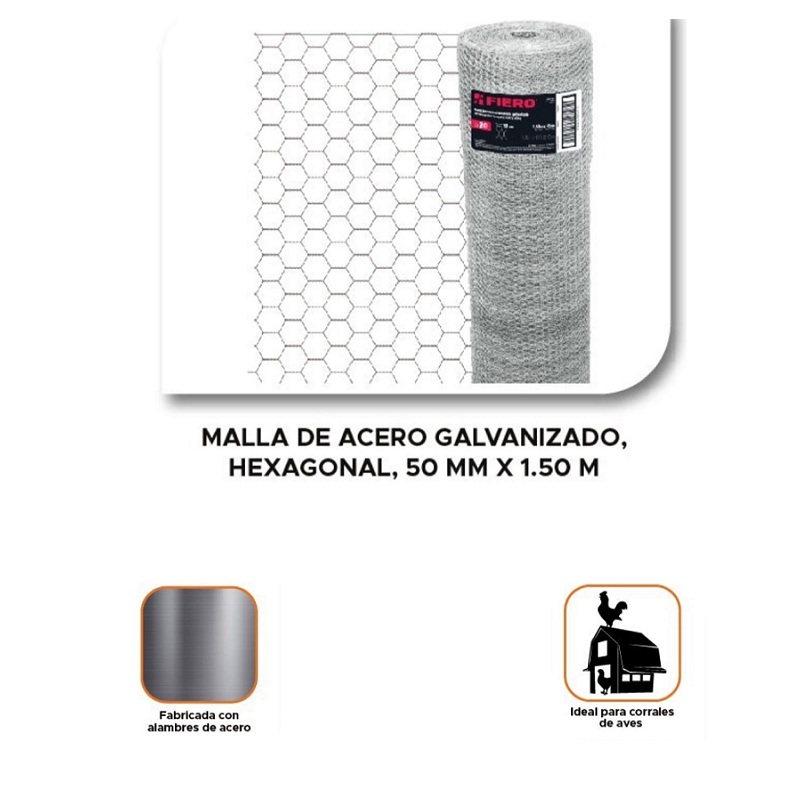 Malla de Acero Galvanizado, Hexagonal, 50 mm x 1.50 m cal.20 para Cercar Jardines, Corrales MAGE-5015 FIERO