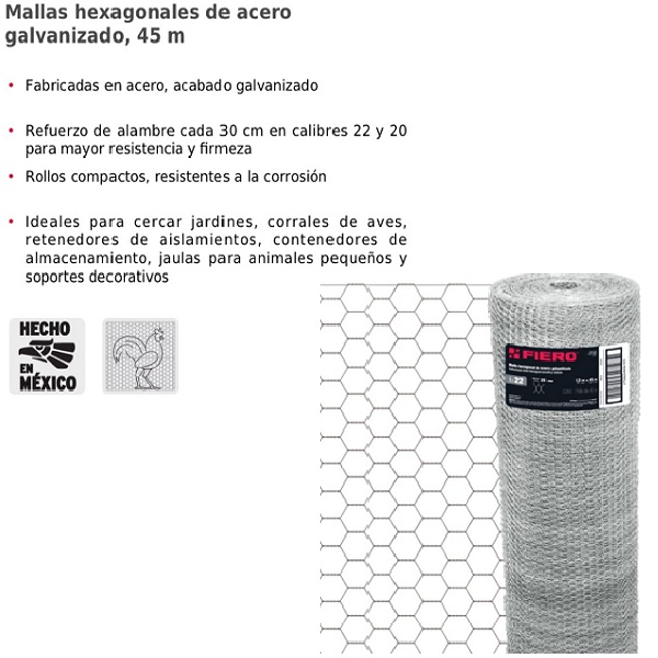 Malla de Acero Galvanizado, Hexagonal, 50 mm x 1.50 m cal.20 para Cercar Jardines, Corrales MAGE-5015 FIERO