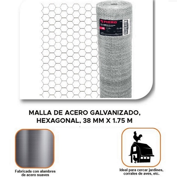 Malla de Acero Galvanizado, Hexagonal, 38 mm x 1.75 m cal.20  (45 de Longitud) para Cercar-Corrales MAHE-3817 FIERO 