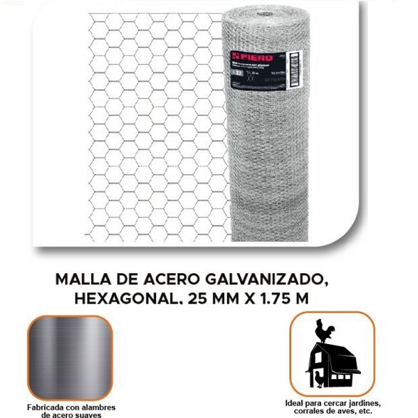 Malla de Acero Galvanizado, Hexagonal, 25 mm x 1.75 m cal.22 45 m de Longitud  Cercar Jardines, Corrales MAHE2517 FIERO 