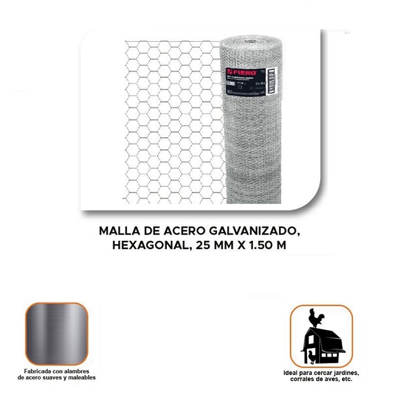 Malla de Acero Galvanizado, Hexagonal, 25 mm x 1.50 m  CAL.22 45 m de Longitud Cercar Jardines, Corrales MAHE-2515 FIERO