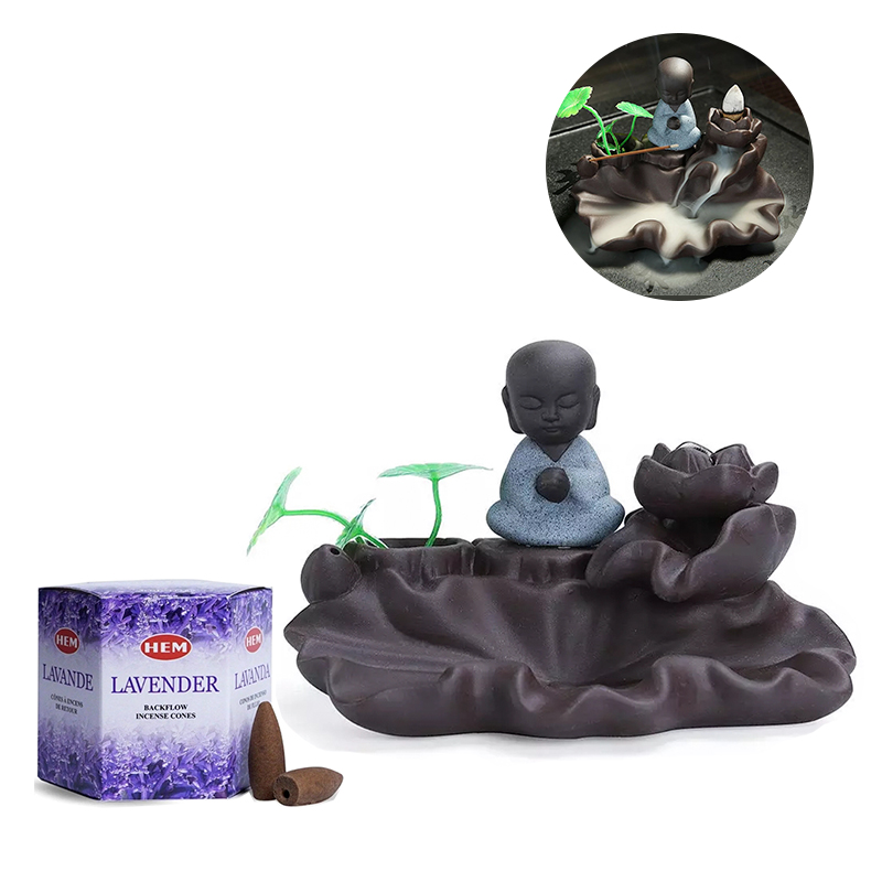 Quemador Incienso Buda Meditando Reflujo + 40 Inciensos Flujo Invertido Hem