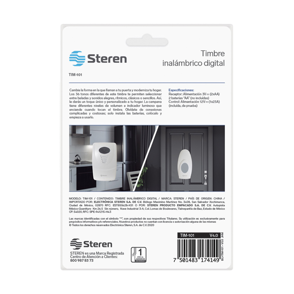 Timbre Inalámbrico Digital Steren con 36 Melodías TIM-101