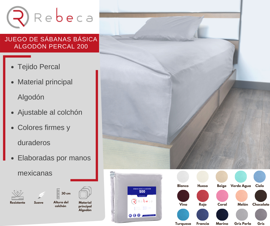 Juego de Sábanas Básica Algodón Percal 200 -Queen Size -Gris Perla