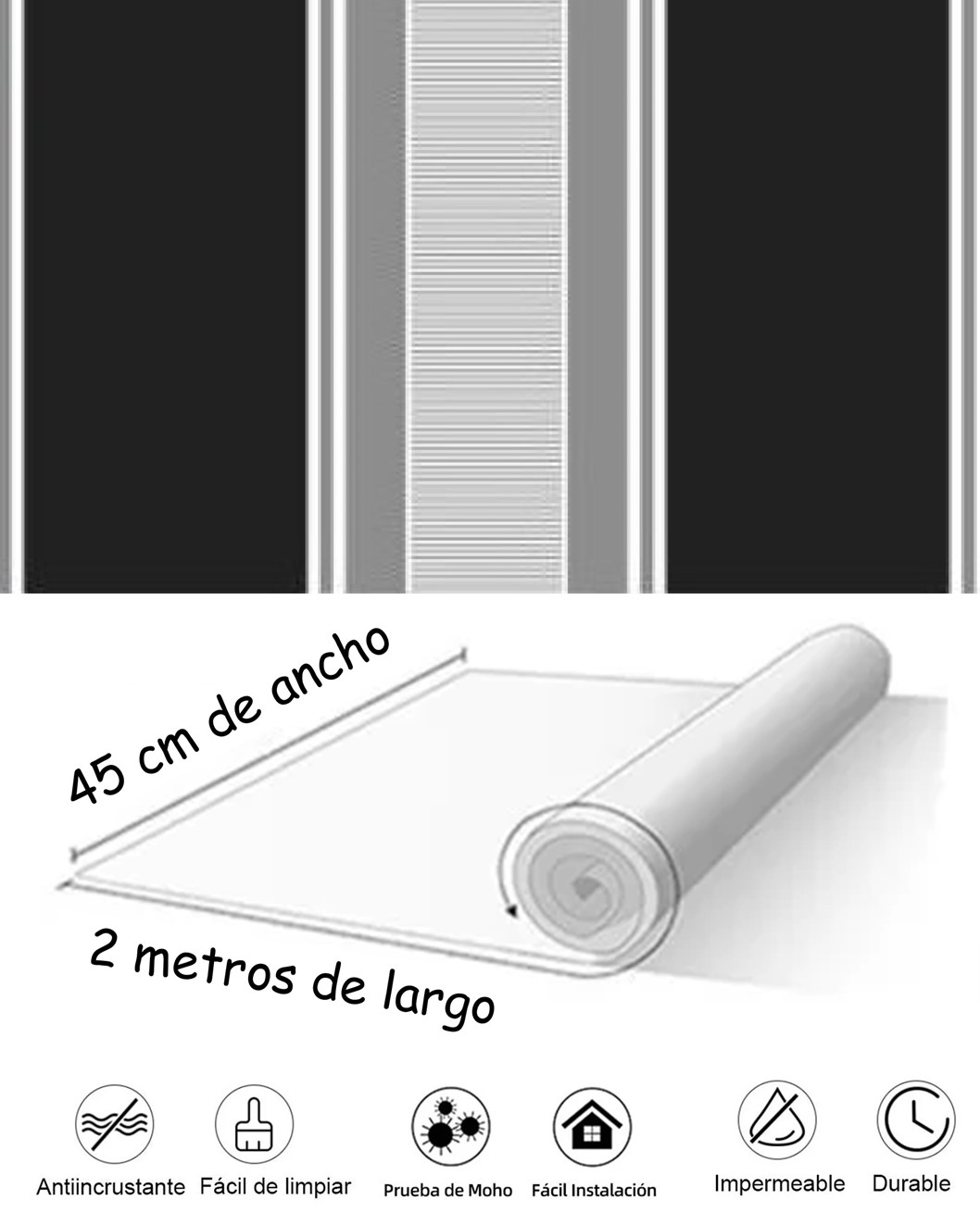 PAPEL TAPIZ ADHERIBLE RAYAS GRIS Y NEGRO 2m X 45cm TP21