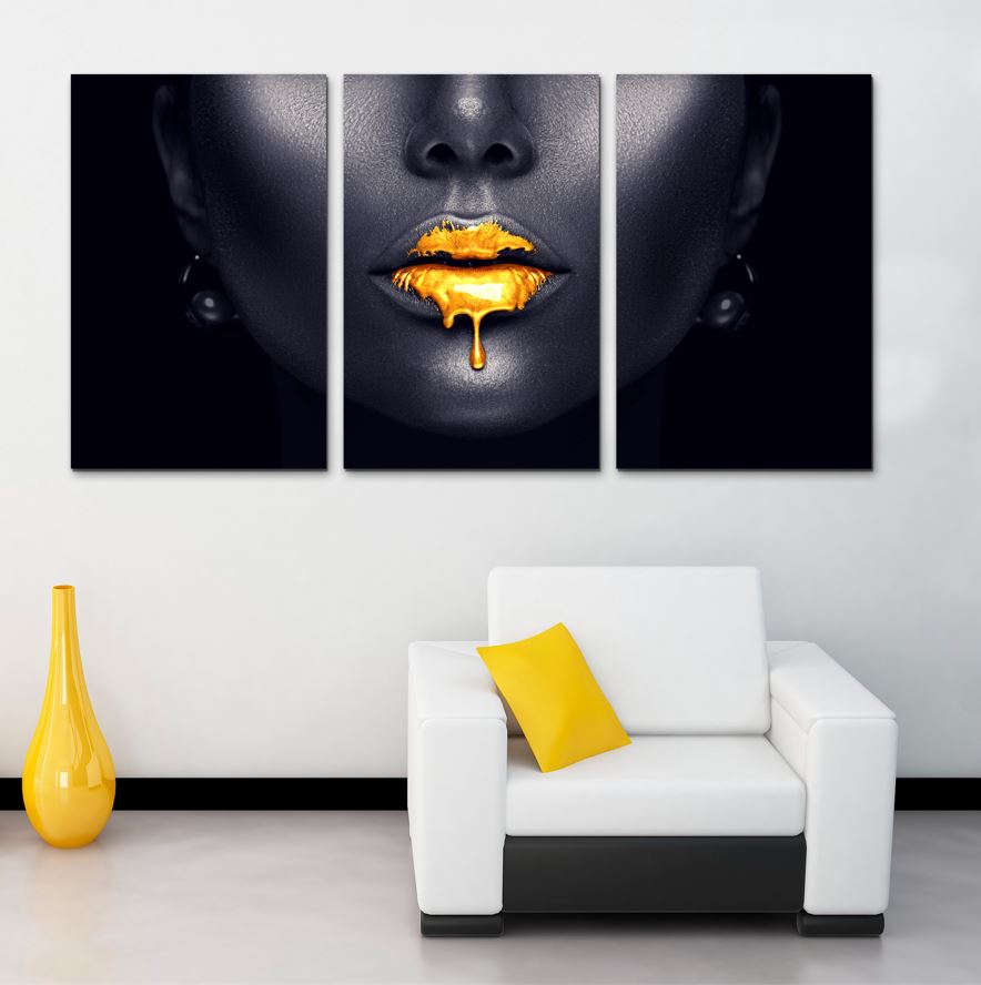 Cuadro decorativo Minimalista Mujer Negro y Dorado moderno decoración 168x86cm 3 piezas