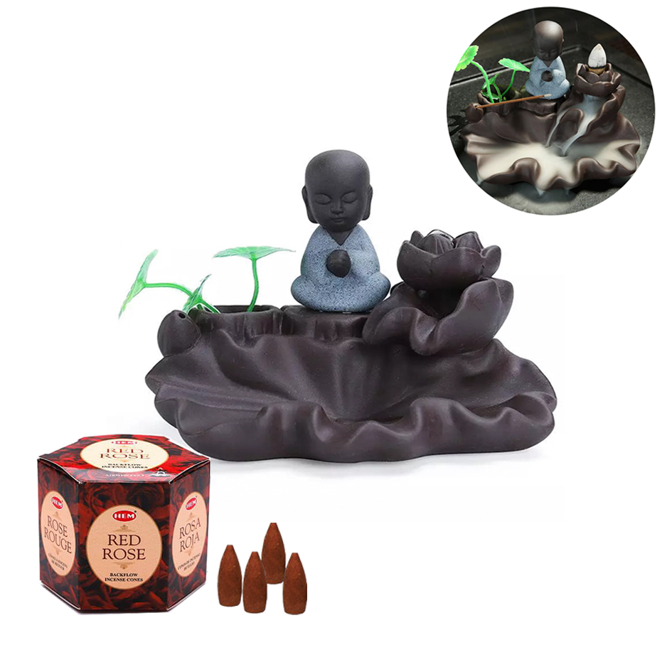 Quemador Incienso Buda Meditando Reflujo + 40 Inciensos Flujo Invertido Hem