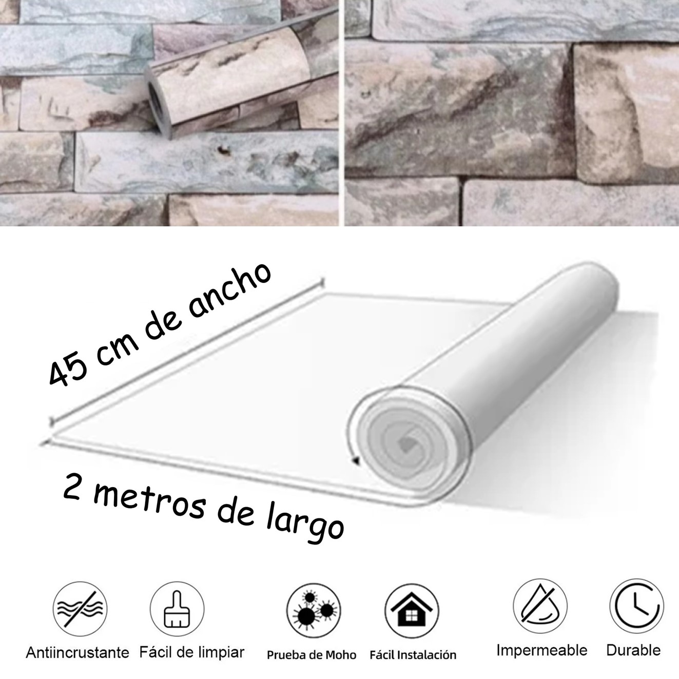 PAPEL TAPIZ ADHERIBLE TABIQUE GRIS COLORES 2m X 45cm TP11