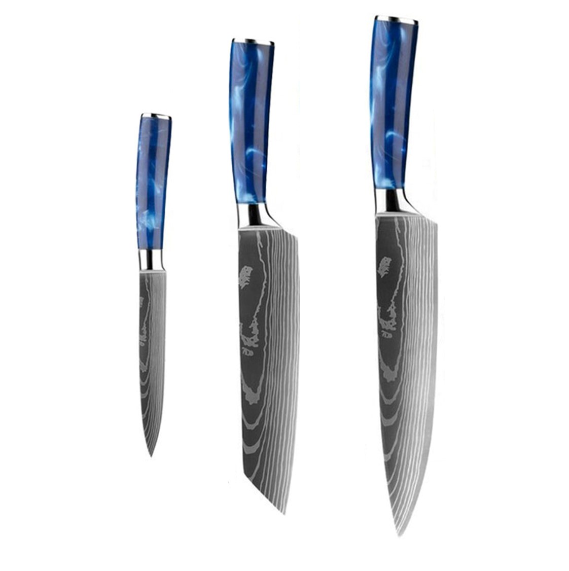 Juego 3 Cuchillos de Lujo para Cocina: Chef, Hacha y Utilitario, con Grabado Acero de Damasco, Azul