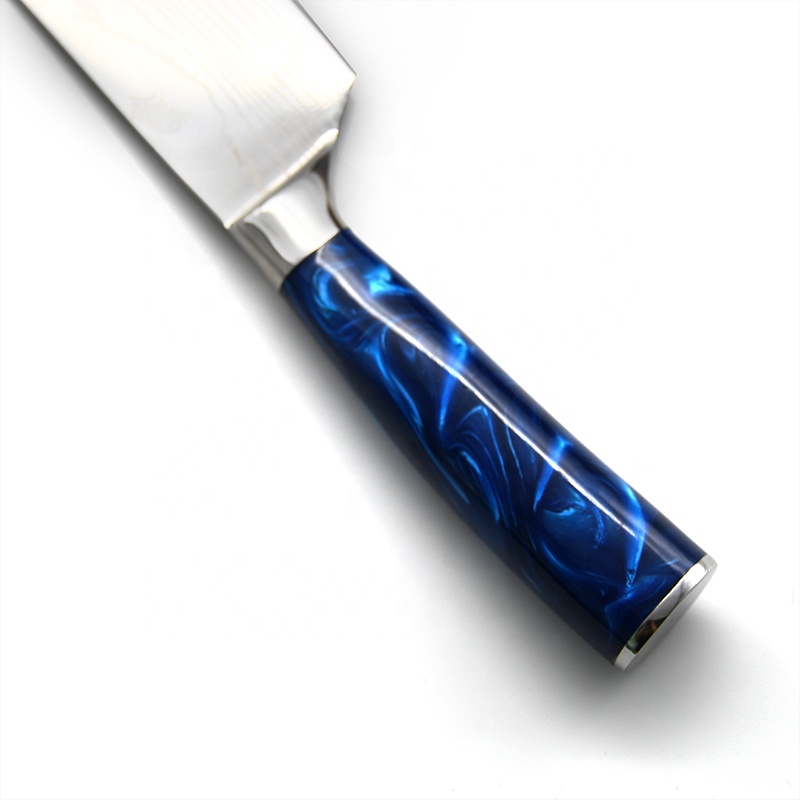 Juego 3 Cuchillos de Lujo para Cocina: Chef, Hacha y Utilitario, con Grabado Acero de Damasco, Azul