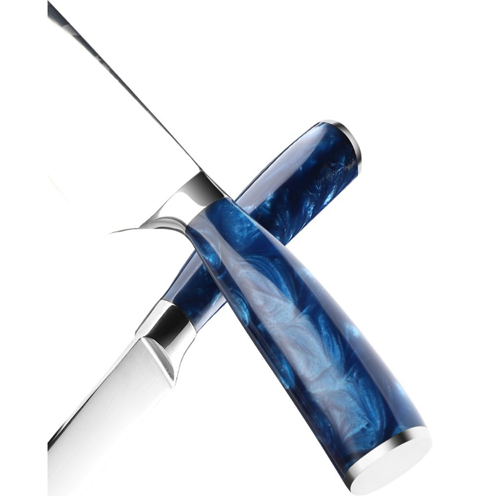 Juego 3 Cuchillos de Lujo para Cocina: Chef, Hacha y Utilitario, con Grabado Acero de Damasco, Azul