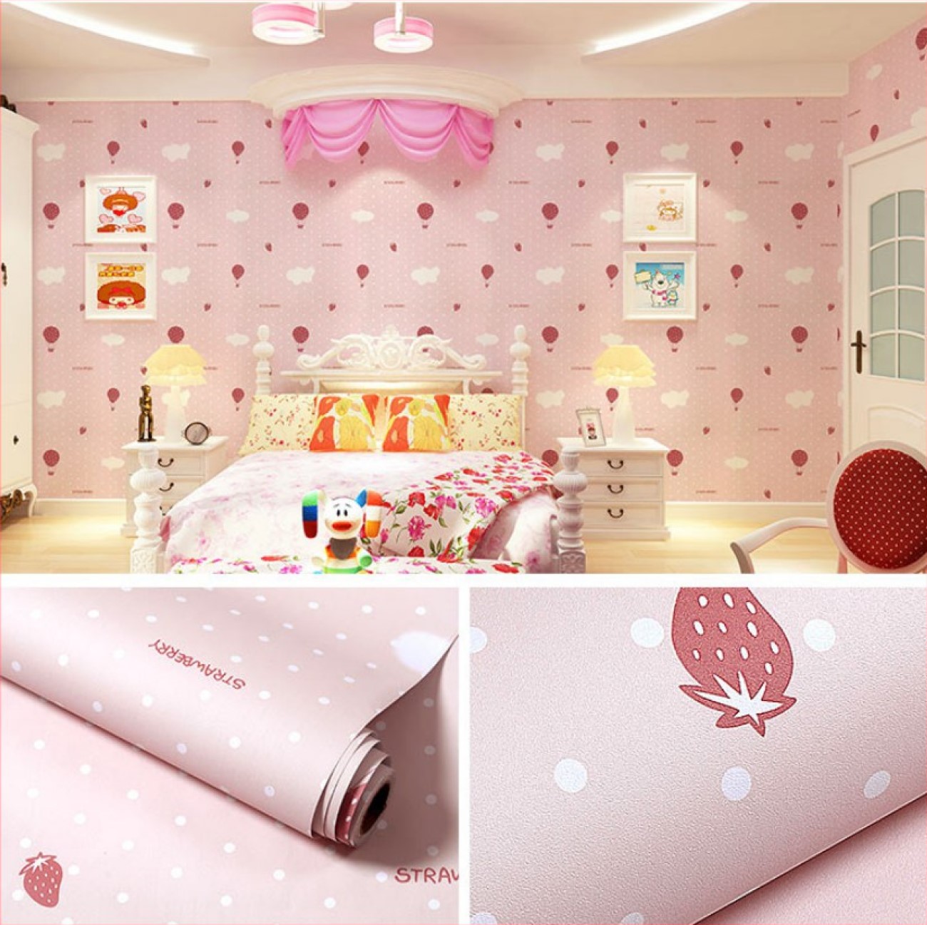 PAPEL TAPIZ ADHERIBLE ROSA NUBES FRESA NIÑAS 10m X 45cm TP68