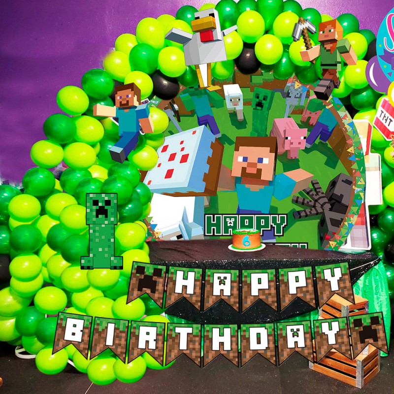 Combo Fiesta Cumpleaños Globos Temática Minecraft Juego