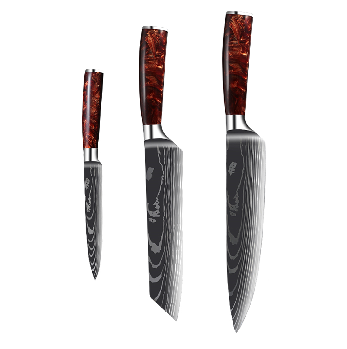 Juego 3 Cuchillos de Lujo para Cocina: Chef, Hacha y Utilitario, con Grabado Acero de Damasco, Café