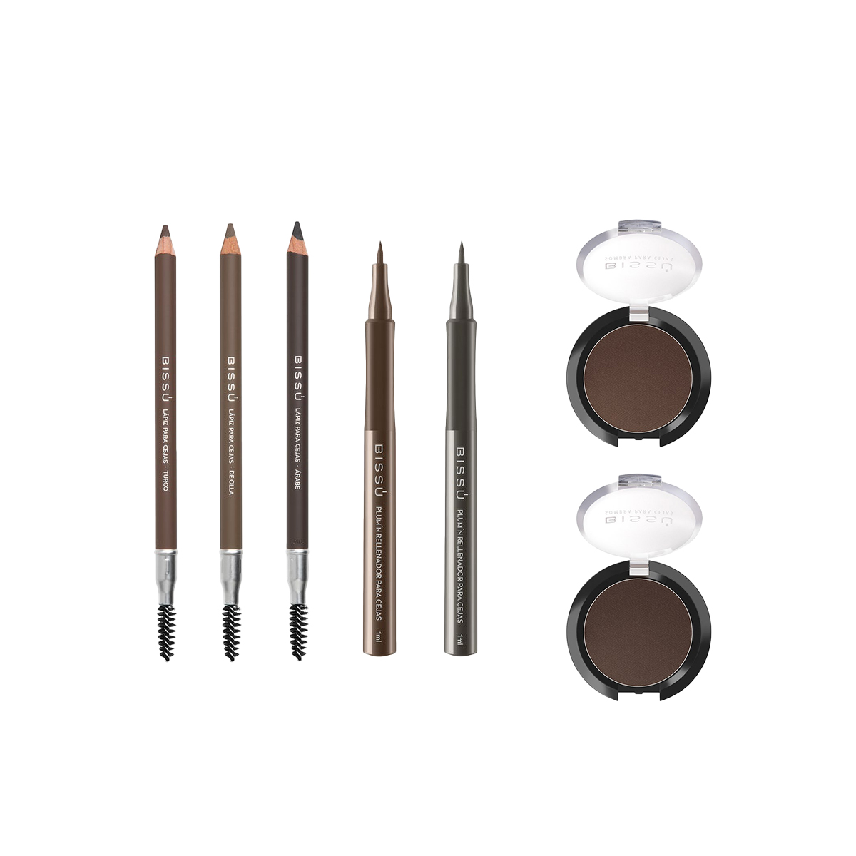 Kit Delineador de Cejas BISSU (Set 7 piezas) - TONOS CASTAÑO OSCURO