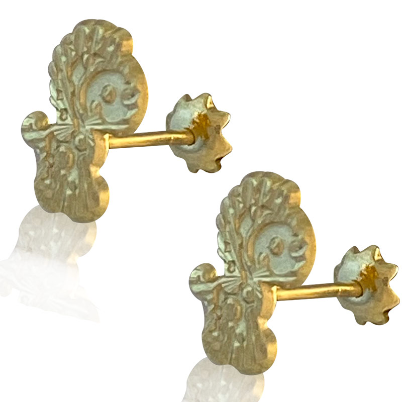 Hermoso Arete Broquel Bebe Niña Oro 18K Laminado #189 638-675 En Forma de Caballito Con detalles En Relieve