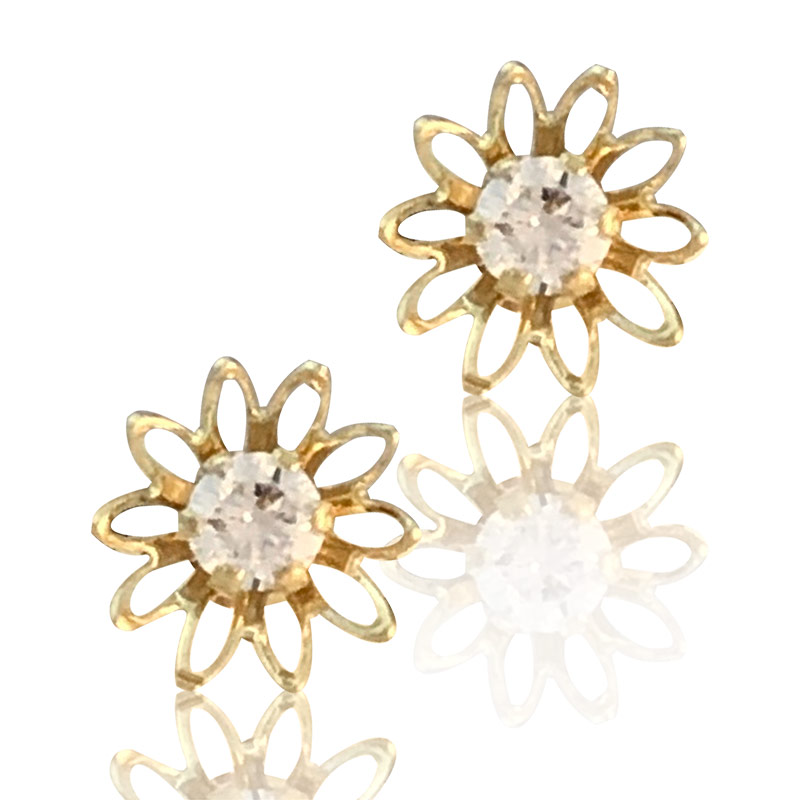 Hermoso Arete Broquel Gemelo en Oro 18k Laminado #159 638-675 margaritas con zirconia, medidas .9cm de alto, .9cm de ancho