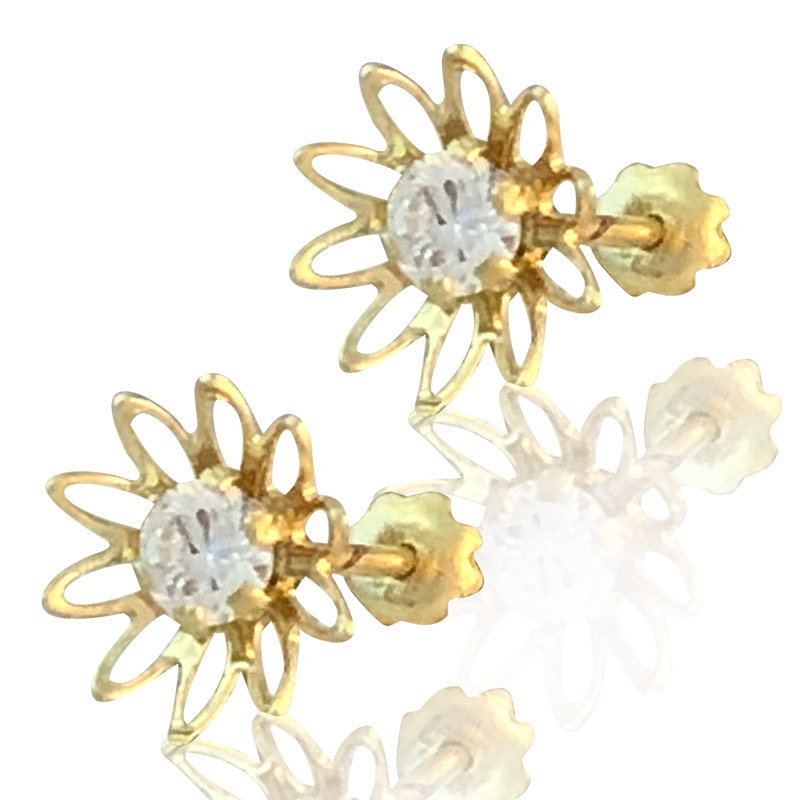 Hermoso Arete Broquel Gemelo en Oro 18k Laminado #159 638-675 margaritas con zirconia, medidas .9cm de alto, .9cm de ancho
