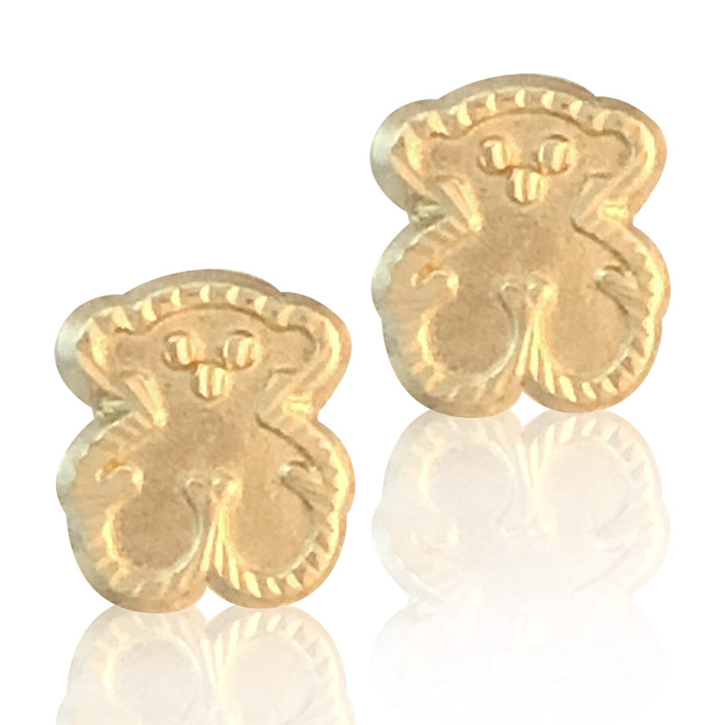 Hermoso Arete Broquel Gemelo en Oro 18K Laminado #162 638-675 para Bebe Forma de Osito con relieve