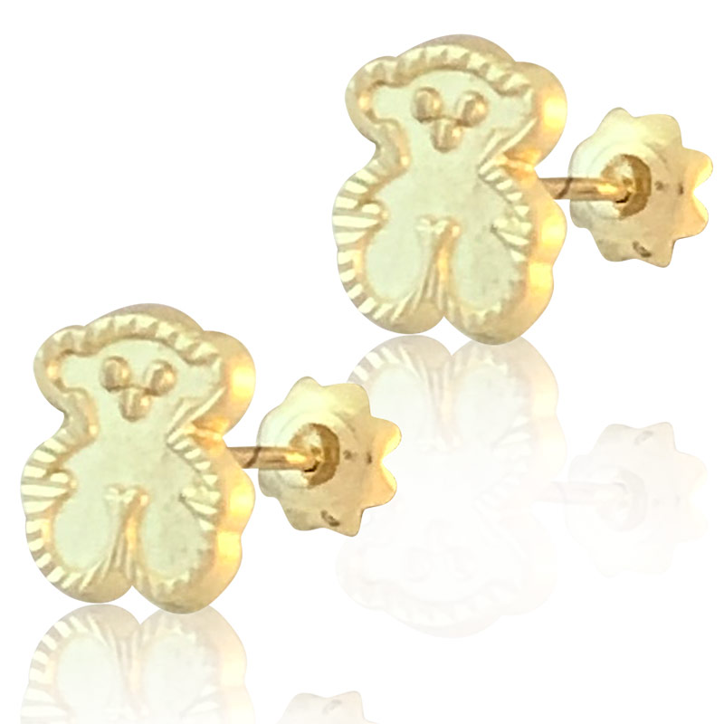 Hermoso Arete Broquel Gemelo en Oro 18K Laminado #162 638-675 para Bebe Forma de Osito con relieve