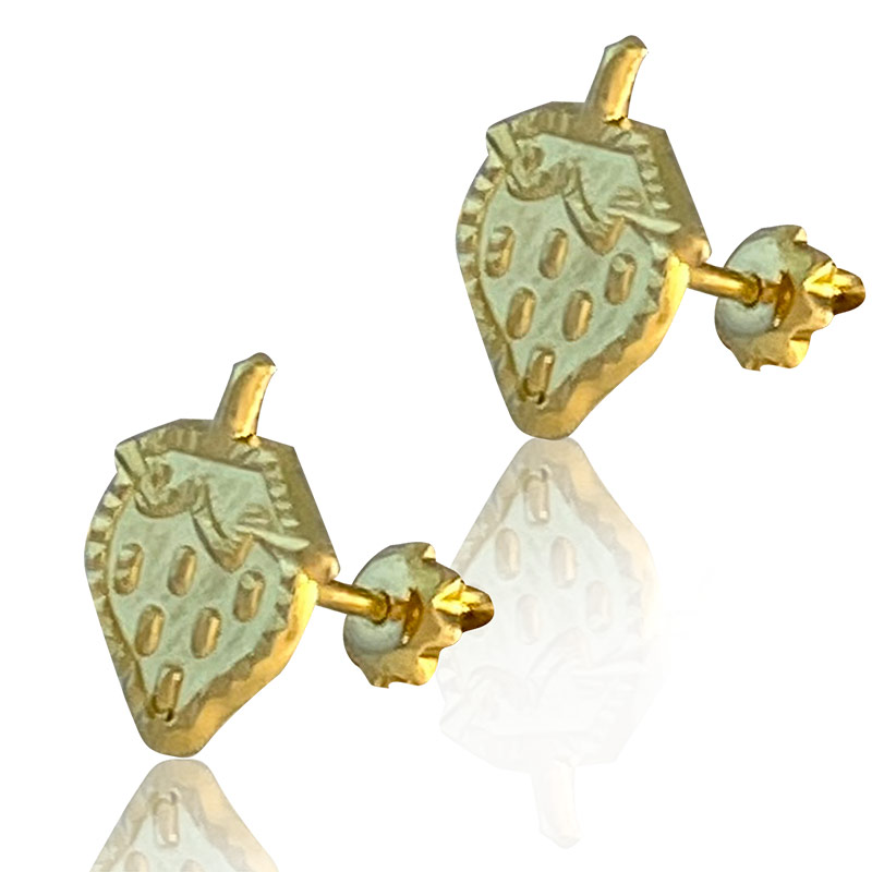 Hermoso Arete Broquel Gemelo Niña Oro 18k Laminado #171 638-675 En Forma De Fresa Con Detalles En Relieve