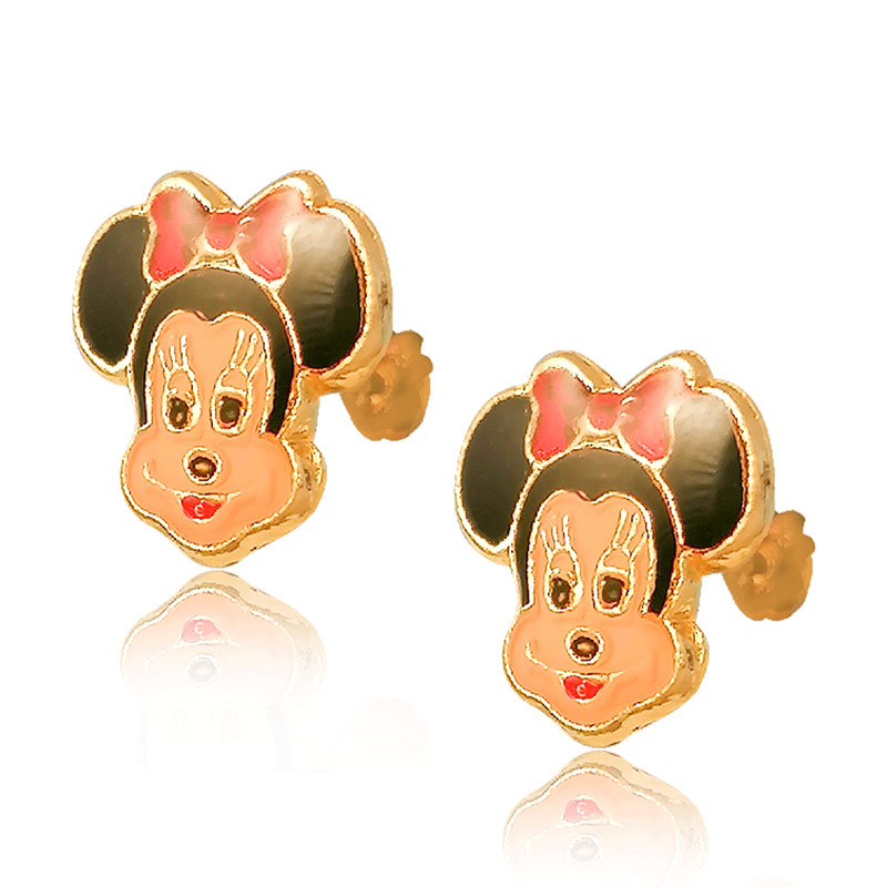 Hermoso Arete Broquel Gemelo Niña En Oro 18k Laminado #210 306-381 De Minnie Mouse