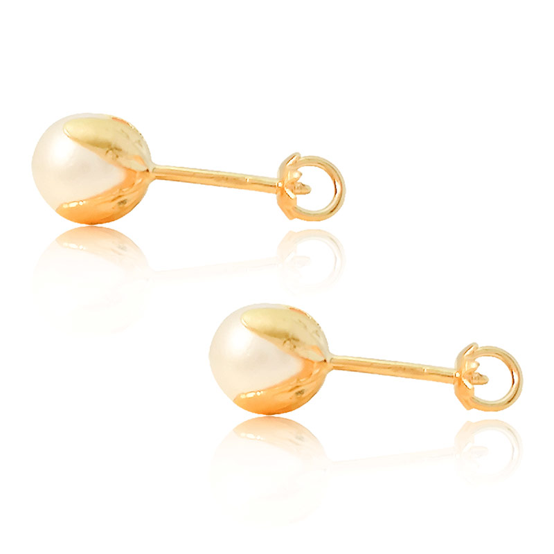 Hermoso Arete Broquel Gemelo Oro 18K Lamiando #243 Con Perla Blanca