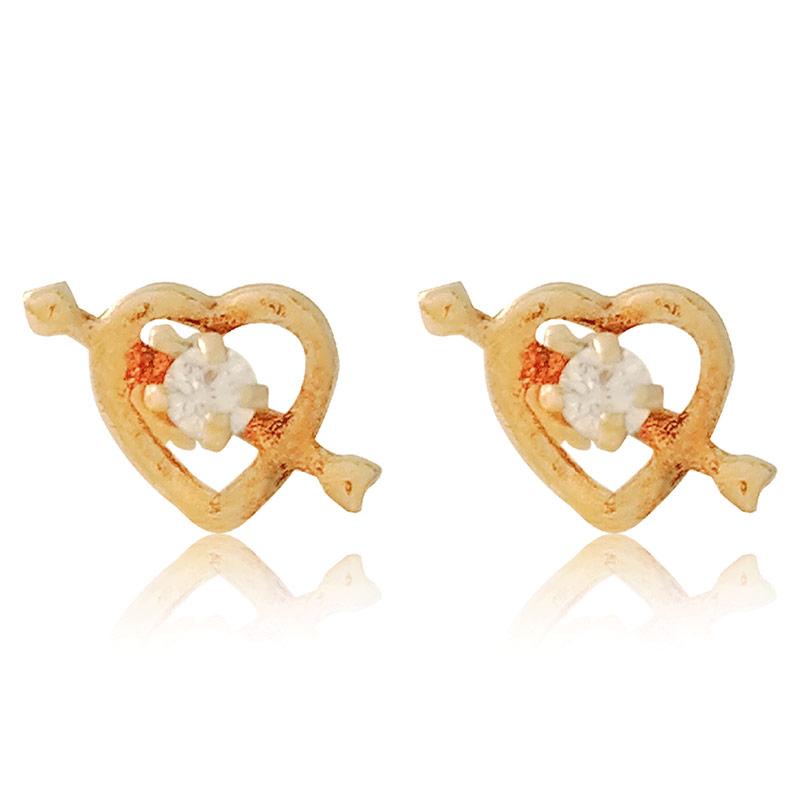 Hermoso Arete Broquel Gemelos Oro 18K Laminado #249 Amor Corazón con flecha piedra con circonia blanca