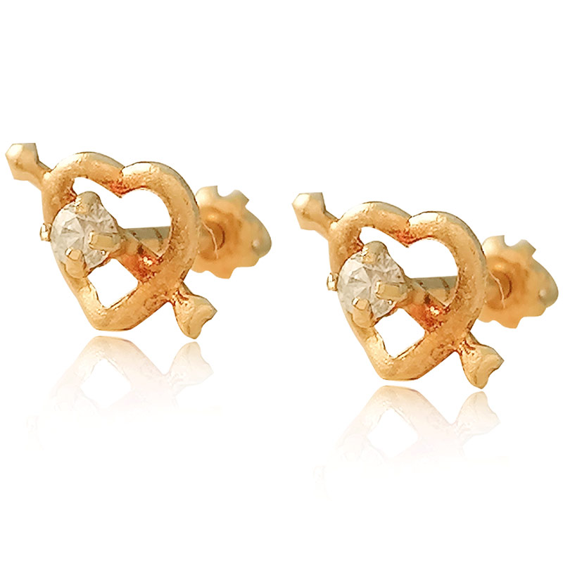 Hermoso Arete Broquel Gemelos Oro 18K Laminado #249 Amor Corazón con flecha piedra con circonia blanca