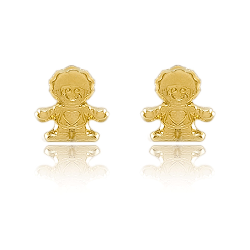 Hermoso Arete Broquel de Oro 18K Laminado #261 Figura de niño con detalles, medidas 1cm de alto, .7cm de ancho