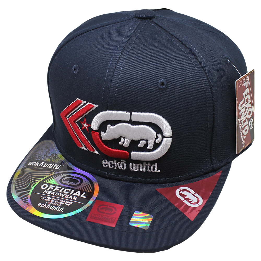 Gorra ECKO UNLTD, bordado alto relieve, visera plana, sublimado bajo visera 