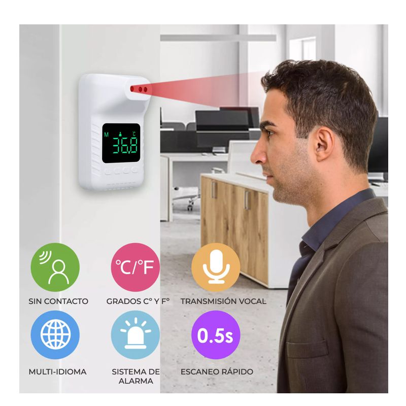 TERMOMETRO RECARGABLE, INFRARROJO, DE PARED O TRIPIE, CON PANTALLA, SIN CONTACTO, BLANCO