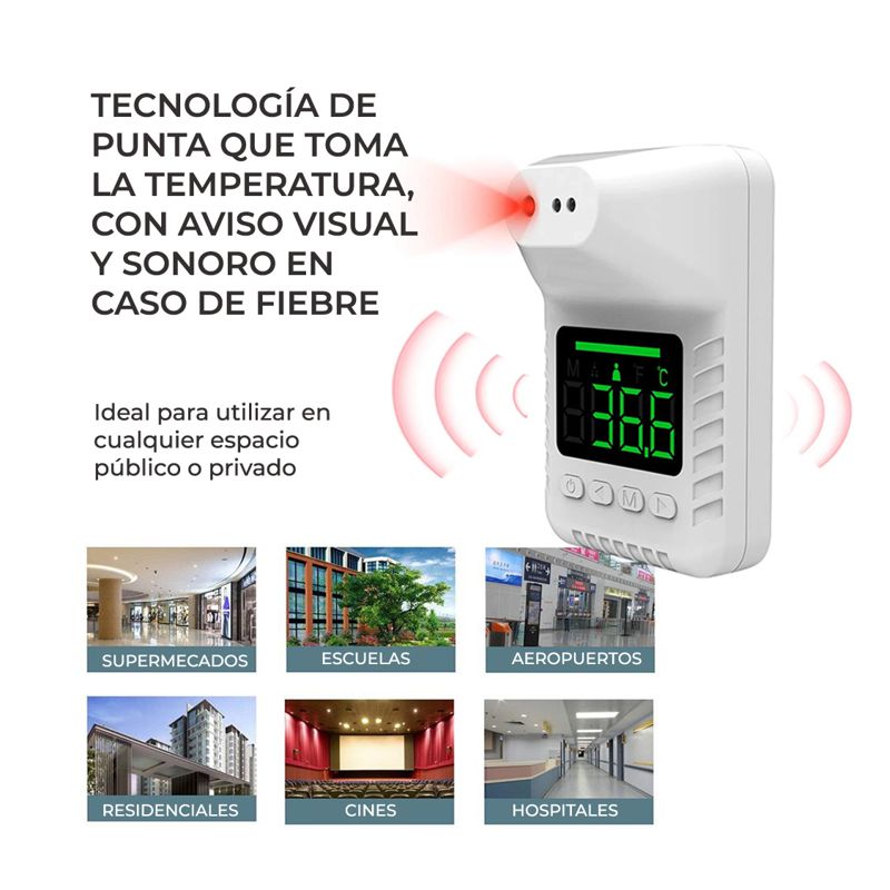TERMOMETRO RECARGABLE, INFRARROJO, DE PARED O TRIPIE, CON PANTALLA, SIN CONTACTO, BLANCO