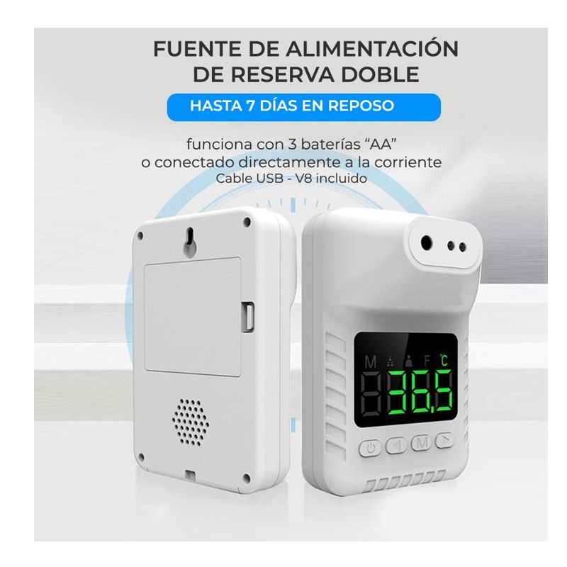 TERMOMETRO RECARGABLE, INFRARROJO, DE PARED O TRIPIE, CON PANTALLA, SIN CONTACTO, BLANCO