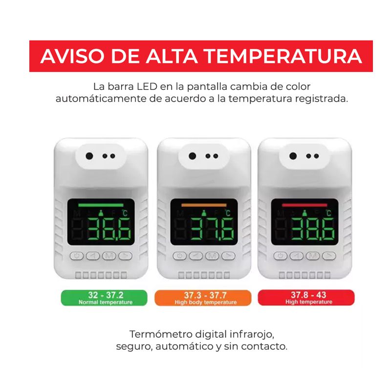 TERMOMETRO RECARGABLE, INFRARROJO, DE PARED O TRIPIE, CON PANTALLA, SIN CONTACTO, BLANCO