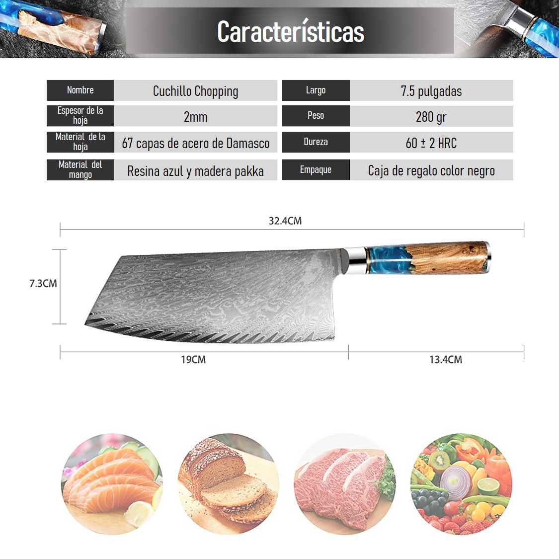 Cuchillo Chopping tipo Hacha 7.5 pulgadas en Acero de Damasco 