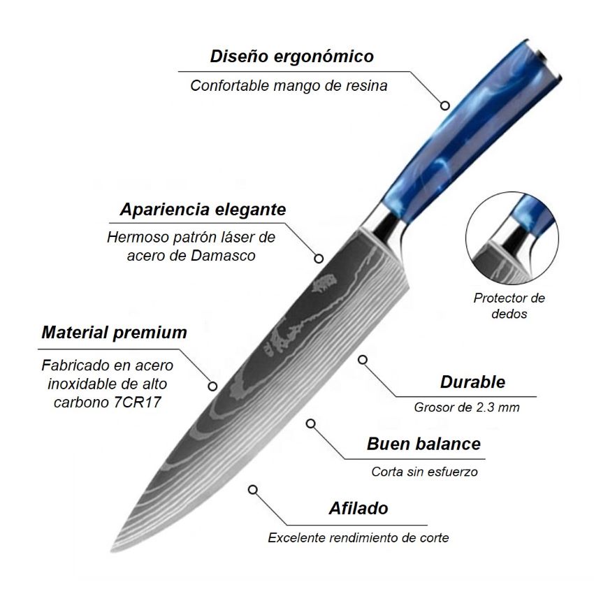 Juego 3 Cuchillos de Lujo para Cocina: Chef, Hacha y Utilitario, con Grabado Acero de Damasco, Azul