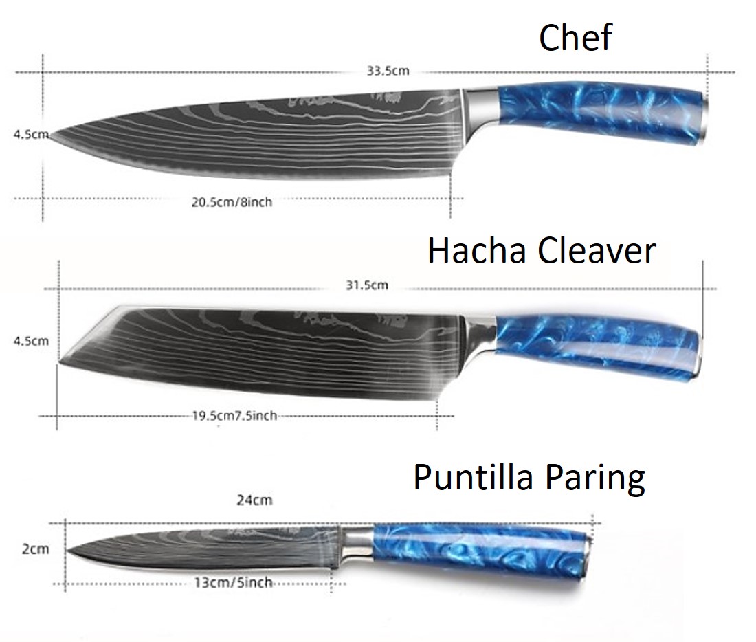 Juego 3 Cuchillos de Lujo para Cocina: Chef, Hacha y Utilitario, con Grabado Acero de Damasco, Azul