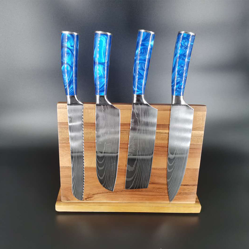 Juego 3 Cuchillos de Lujo para Cocina: Chef, Hacha y Utilitario, con Grabado Acero de Damasco, Azul