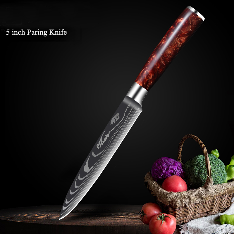 Juego 3 Cuchillos de Lujo para Cocina: Chef, Hacha y Utilitario, con Grabado Acero de Damasco, Café