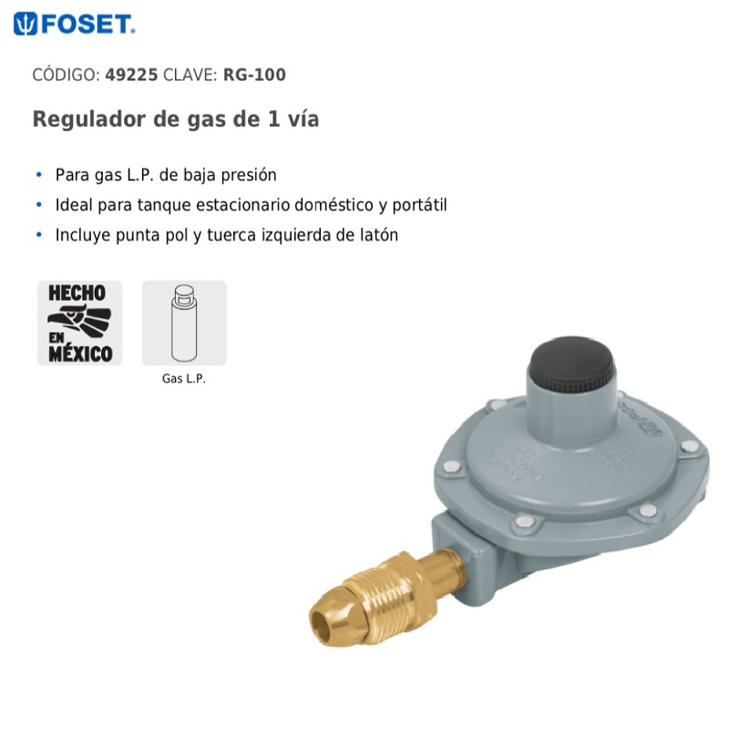 Regulador de Gas de 1 vía Para gas L.P. de baja presión RG-100 foset 