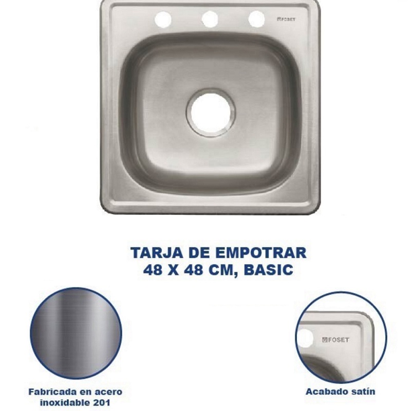 TARJA DE COCINA DE EMPOTRAR 38 X 38 CM, TIPO BAR DE ACERO INOXIDABLE TA-38 B  FOSET 