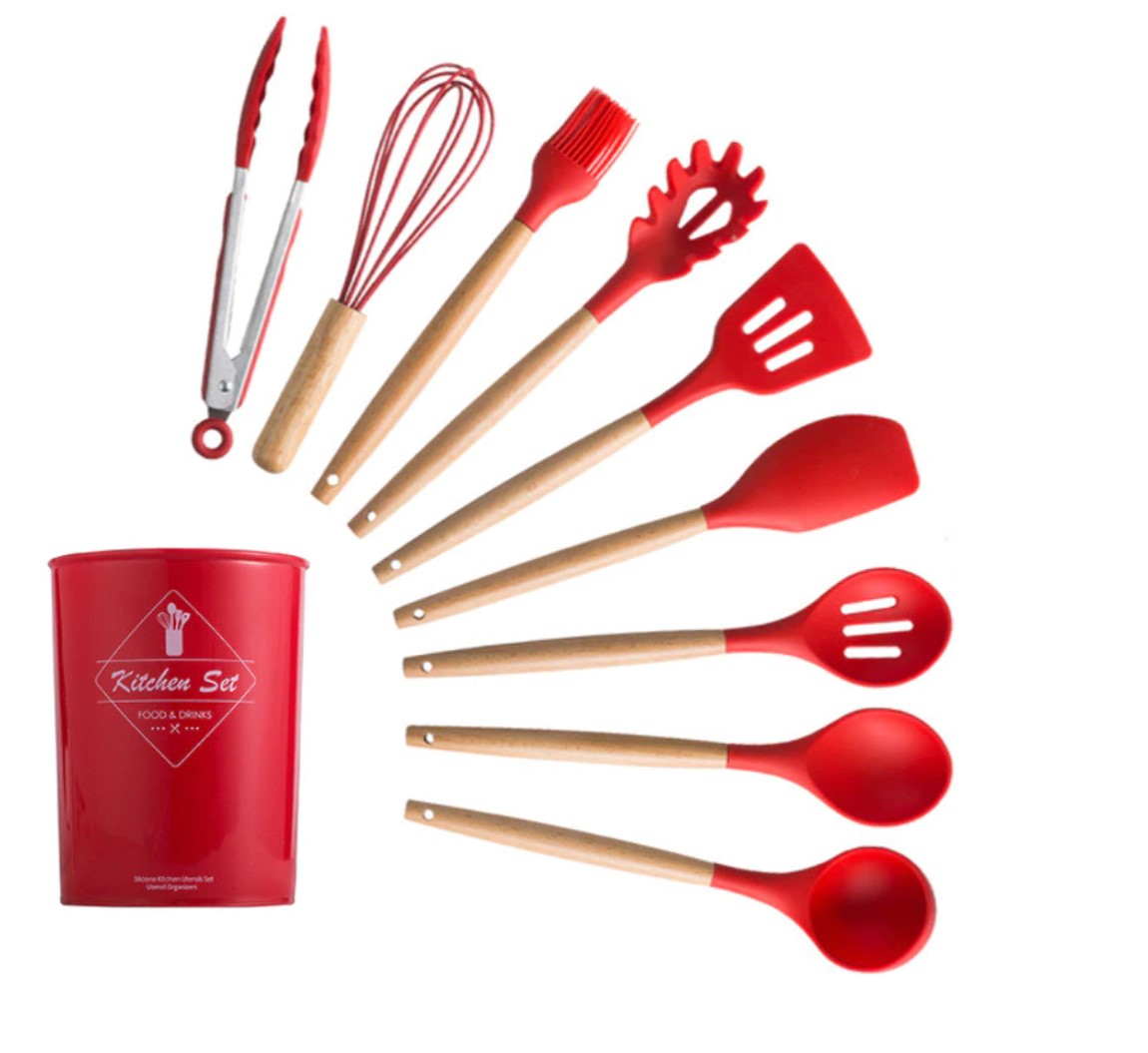 Juego de Utensilios de Cocina, espátulas miserables, batidor de globo, brocha, palas de silicón con mango de madera, Rojo