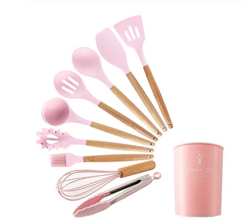 Juego de Utensilios de Cocina, espátulas miserables, batidor de globo, brocha, palas de silicón con mango de madera, Rosa
