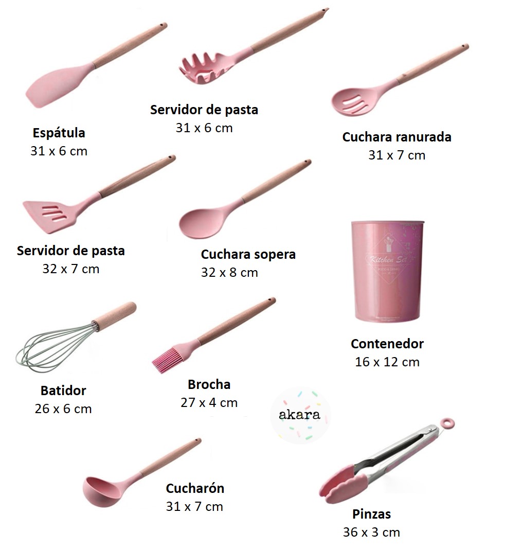 Juego de Utensilios de Cocina, espátulas miserables, batidor de globo, brocha, palas de silicón con mango de madera, Rosa