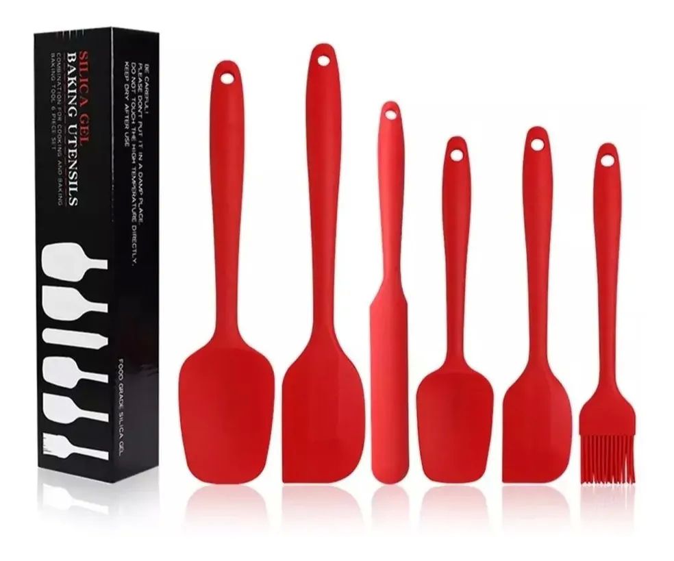 Juego 6 Utensilios de Cocina, espátulas miserables, cucharas y brocha de silicón, Rojo
